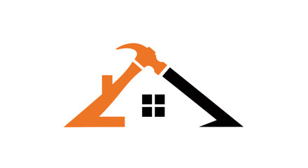 A sleek, modern vector logo design depicting a house roof seamlessly integrated with a hammer, representing home construction and renovation services.