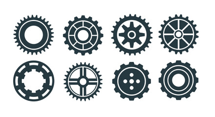 A modern set of eight dark blue vector gear icons, representing essential mechanical components for industrial, engineering, and technological design projects.