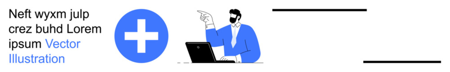 Obraz premium Healthcare, telemedicine, virtual meetings, technology, professional services, remote support. Doctor gesturing near laptop and blue cross icon. Healthcare and telemedicine concept