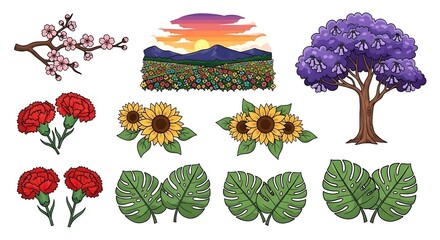 Diverse collection of botanical illustrations featuring various plant elements