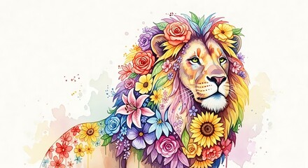 Majestic Floral Lion: A Watercolor Illustration of Beauty and Strength