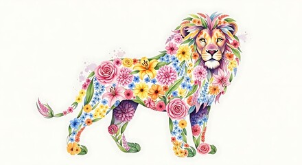 Floral Lion Illustration: Vibrant Flowers Forming a Majestic Lion Shape