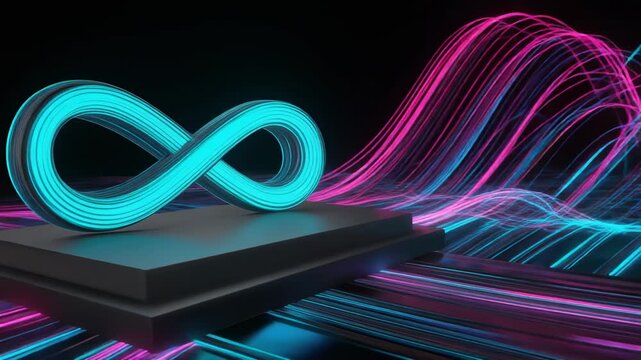 Stylish infinity symbol glowing in blue lights over a digital technology background