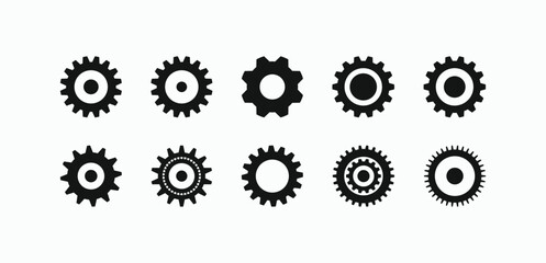 Collection of black gear icons in various styles. Flat vector cogwheels for machinery, business process, teamwork, and technical development concepts