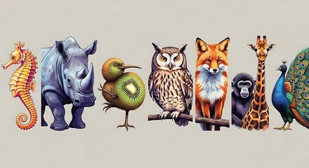 Whimsical Animal Collection: Seahorse, Rhino, Kiwi, Owl, Fox, Monkey, Giraffe, and Peacock