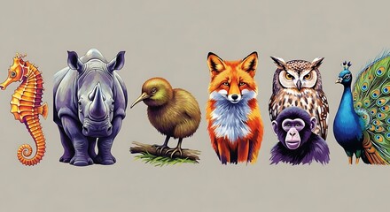 Colorful Wildlife Illustration Showcasing Diverse Animal Species and Vivid Colors