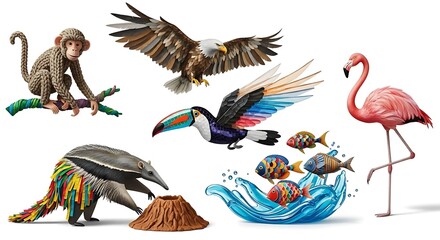 Colorful Wildlife Collage Featuring Monkey, Eagle, Toucan, Anteater, Fish, and Flamingo