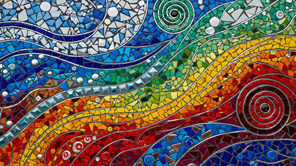 Vibrant mosaic artwork with colorful swirling waves and abstract patterns, a handcrafted masterpiece showcasing dynamic design and artistic expression through iridescent tiles