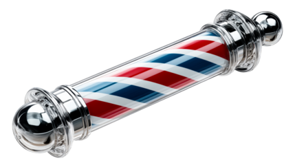 Classic barber pole with red white and blue stripes and chrome accents used as a symbol of a barbershop for hair grooming and style services.