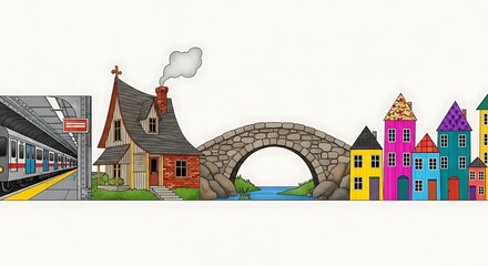Whimsical world featuring houses, train, bridge, and vibrant buildings against white