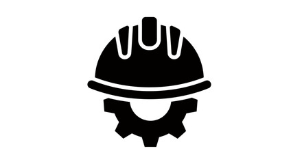 Fototapeta premium A black vector icon depicting a safety hard hat resting on a mechanical gear, symbolizing construction, engineering, and industrial work safety.