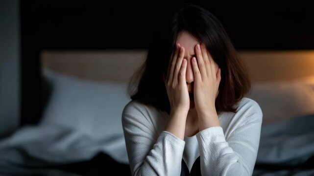Emotional woman expressing feelings of sadness or anxiety in a dimly lit bedroom