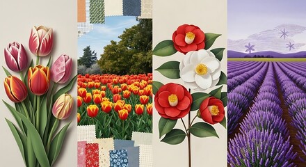 Floral Fabric Collage: Tulips, Gardens, Camellias, and Lavender Fields