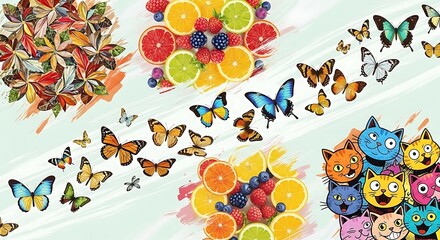 Whimsical Composition with Butterflies, Citrus Fruits, Flowers, and Cartoon Cats