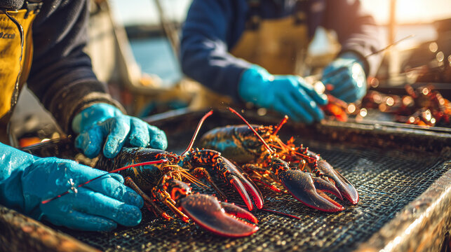 Fishermen sorting fresh lobsters from the morning catch at a busy harbor, showcasing traditional coastal fishing industry and seafood supply chain in Indonesia.