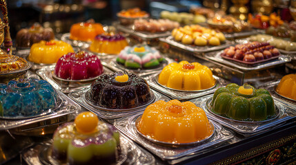 Fototapeta premium Colorful Thai dessert assortment featuring delicate jelly roses with translucent petals. Vibrant traditional sweet treats arranged on a plate, rich in Asian culinary culture.