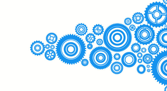 Intricate vector illustration featuring a dynamic arrangement of blue gears and cogs, creating a visually engaging design on a clean, white backdrop.