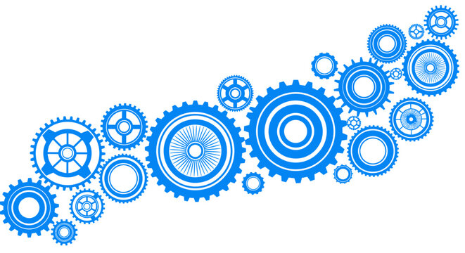 A vibrant vector illustration showcases a collection of interconnected blue gear components, representing teamwork, technology, and the intricacies of mechanical engineering against a clean white