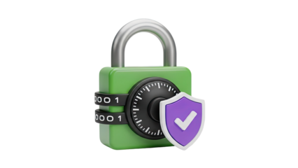 3D Green combination lock with security shield icon on transparent background