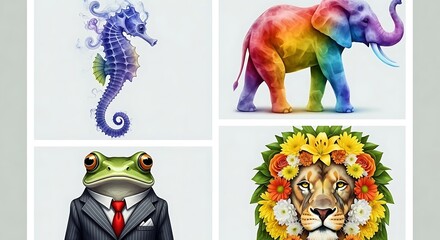 Whimsical Animal Portraits with Creative Designs and Vibrant Colors