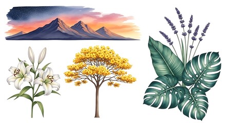 Scenic Floral and Landscape Illustrations with Mountain and Plant Elements