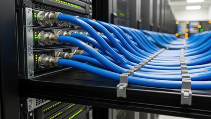Close-up of blue network cables connected to a server rack in a data center with a blurred