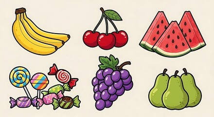 Cartoon fruits and candy isolated vector illustration on a white background.
