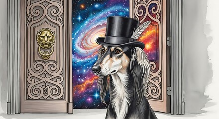 Saluki Dog in Top Hat Gazing at the Galaxy Through Doorway