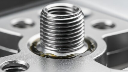Obraz premium Close-up of a threaded metal bolt on a machined steel plate with holes.
