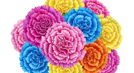 Cheerful Multicolored Carnations Blossom in Abundance Against White Background