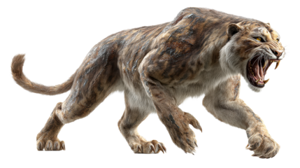 Fierce prehistoric saber toothed cat snarling with massive fangs, a powerful predator from the ice age for use in ancient history or wildlife themes.