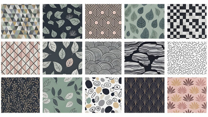 Versatile collection of seamless vector patterns blending abstract, geometric, and organic elements with modern muted color palettes, ideal for contemporary design