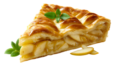 Delicious slice of golden baked apple pie with flaky pastry and fresh mint garnish, perfect for food photography and bakery promotion
