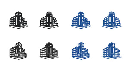 Fototapeta premium Isometric Office Building Icon Set with Modern Commercial Architecture Black and Blue Vector Illustration