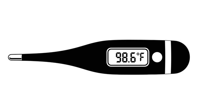 Digital thermometer icon with temperature display 98.6 F.
