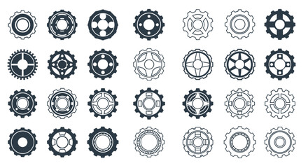 A diverse collection of stylized gear and cogwheel icons, presented as scalable vector graphics, ideal for illustrating mechanical and industrial concepts.