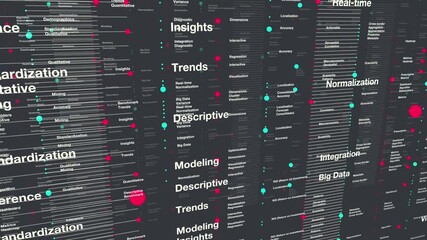 Sophisticated data visualization featuring a multi-layered field of financial and analytical terms. Words like "ROI," "Benchmark," and "Big Data" drift across the screen alongside colorful nodes and p - Powered by Adobe