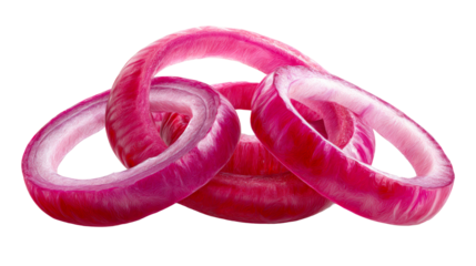 Sliced red onion rings intertwined, offering vibrant color and organic texture perfect for culinary and healthrelated concepts in food and beverage marketing.