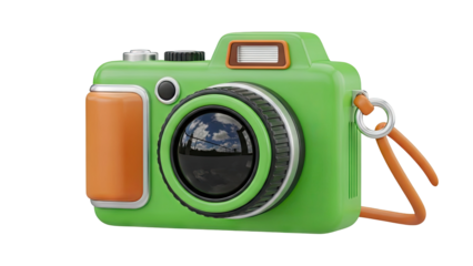 3D Green and orange retro camera with reflective lens on transparent background