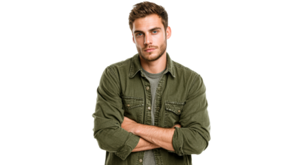 Man wearing a green denim shirt with folded arms and a confident look, perfect for lifestyle and corporate use.