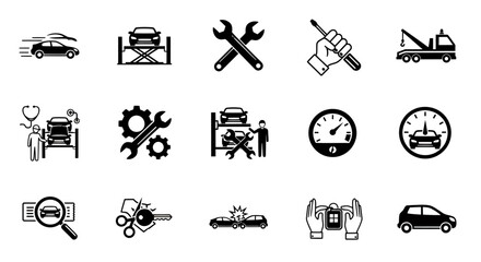 Fototapeta premium A vector illustration showcasing a comprehensive set of car repair and maintenance icons, perfect for automotive service providers and informational graphics.