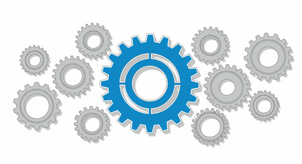A vector illustration features a central blue gear surrounded by numerous smaller gray gears, creating a sense of mechanical complexity and interconnectedness on a plain background.