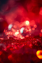 赤いグリッターボケが広がるクリスマス向け抽象背景の縦構図. 生成AI