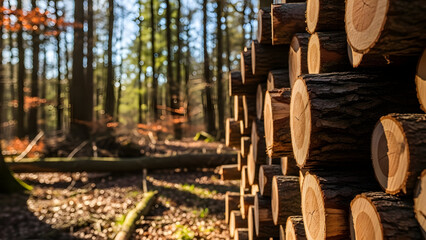 Stacked logs in a forest with autumn leaves on the ground