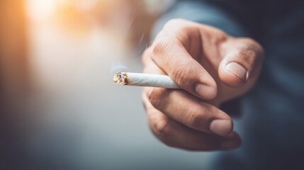 Close-up of Hand Holding a Cigarette with Smoke