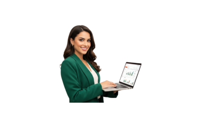 Smiling professional woman in green blazer working on laptop with business charts