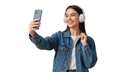 Smiling Young Woman with Headphones Taking Selfie or Video Call on Smartphone