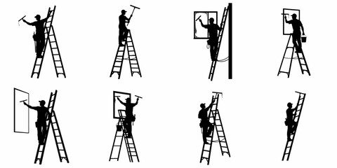 Set of eight black silhouettes showing window cleaners on stepladders using squeegees for professional cleaning services. © Nadya