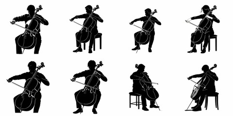 Collection of eight black and white vector silhouettes of professional cellists playing the violoncello in performance postures. © Nadya