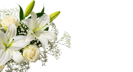 Elegant White Lily and Rose Bouquet with Baby's Breath on Black Background